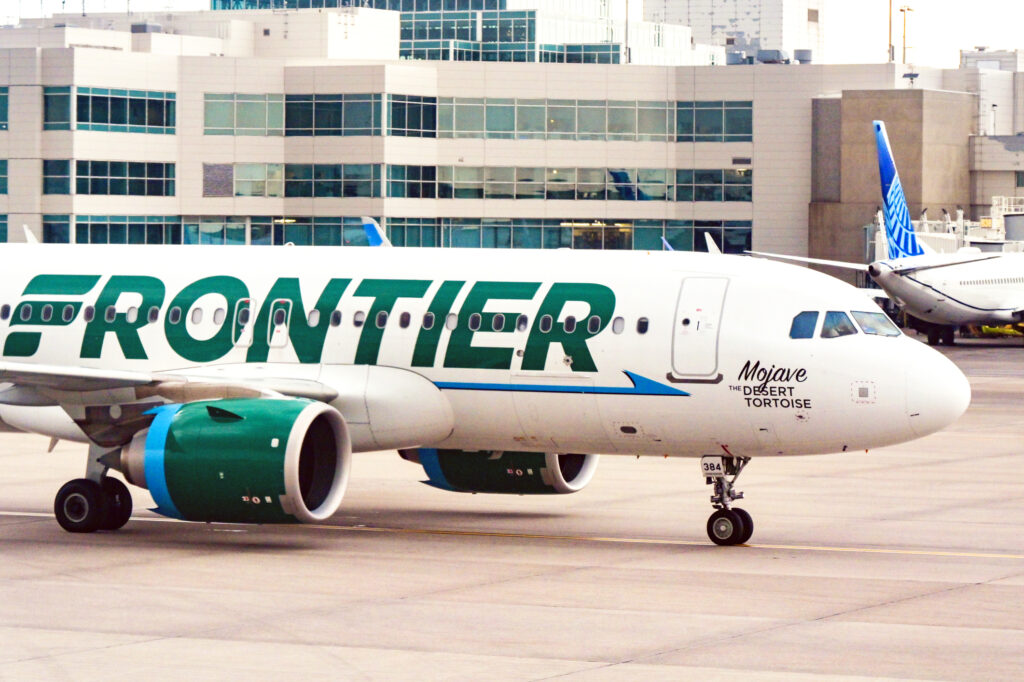 Denver, Colorado, USA - 5 June 2025: Airbus A320 (registration N384FR) operated by Frontier Airlines taxiing to the terminal after landing at Denver