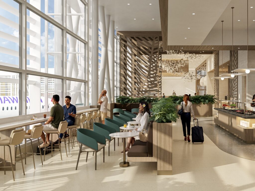 Rendering of new Alaska Airlines/Hawaiian Airlines lounge at HNL.