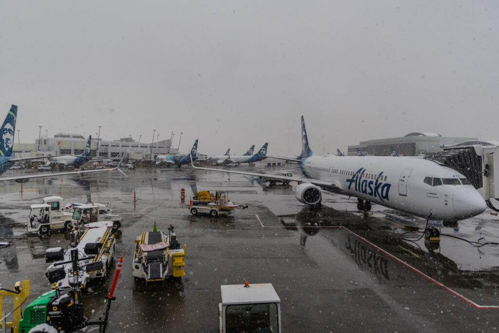 Seattle, Washington - March 13, 2026: It snowed all day in Seattle causing massive flight delay and cancellation at Sea-Tac Airport. HDR encoded