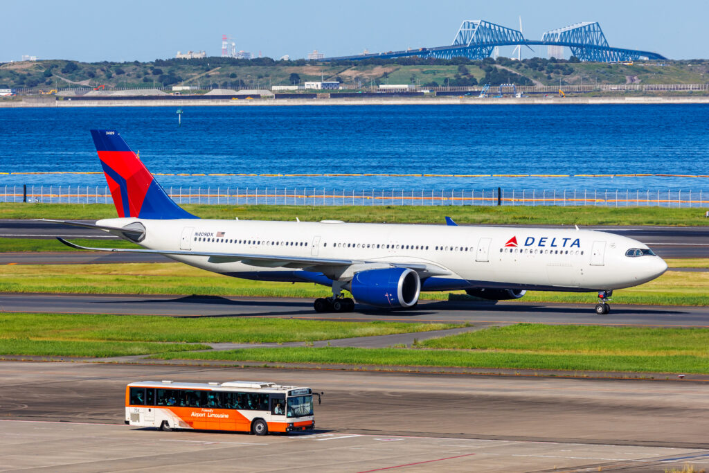 Delta Air Lines Airbus A330-900 airplane at Tokyo Haneda Airport (HND) in Japan.