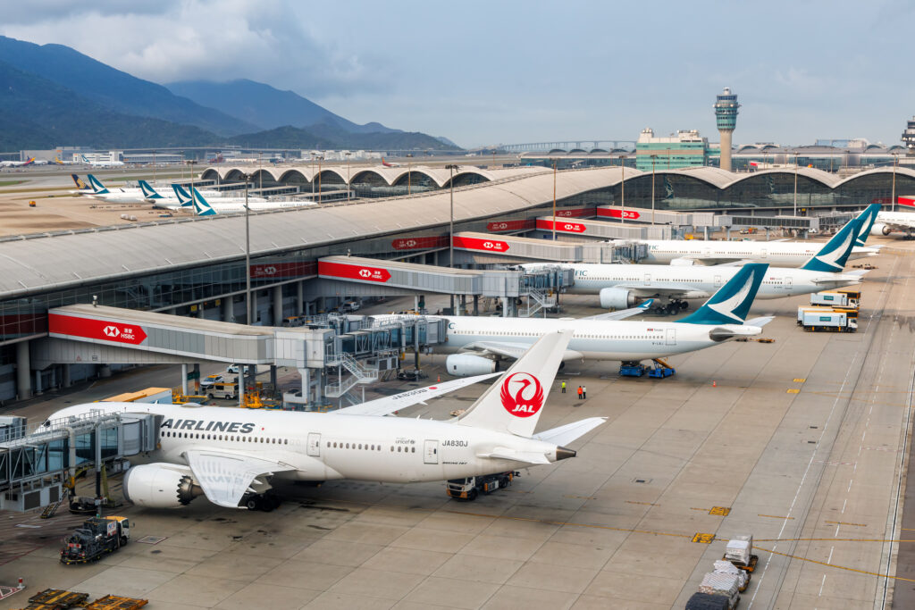 Airplanes at Hong Kong Chek Lap Kok Airport in China.
