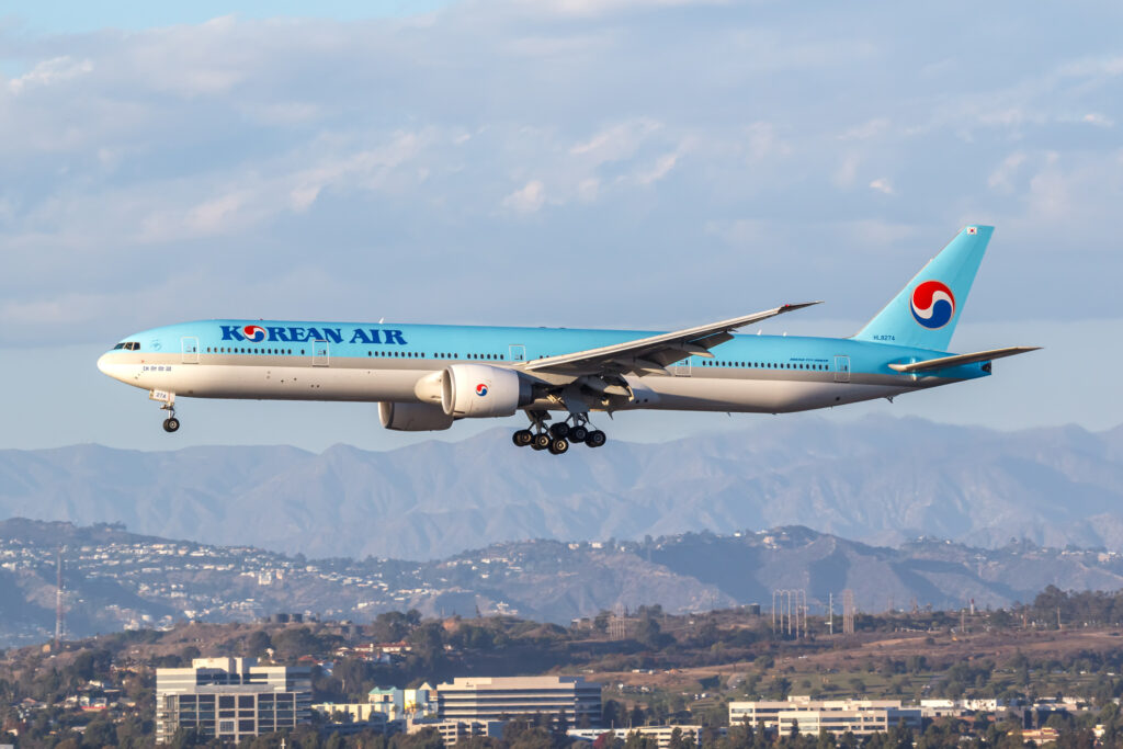 Los Angeles, United States - November 2, 2022: Korean Air Boeing 777-300(ER) airplane at Los Angeles International Airport (LAX) in the United States.