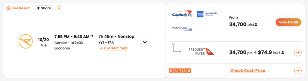 Screenshot of PointsYeah showing a Condor flight bookable with Qantas points