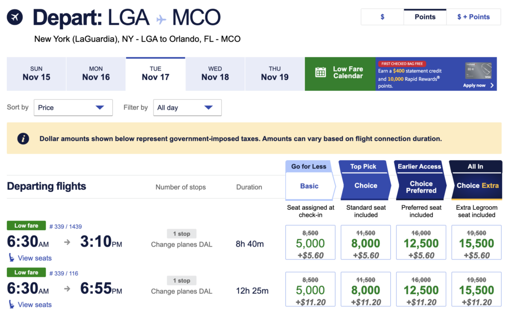 Southwest discounted flight from LGA to MCO.
