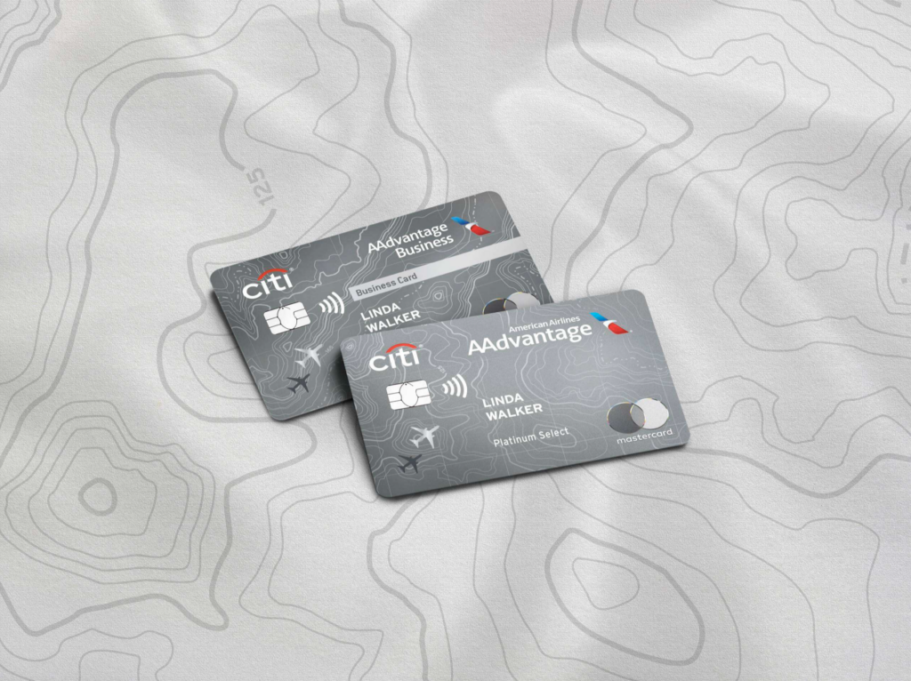 Overhead shot of two American Airlines / Citi credit cards.