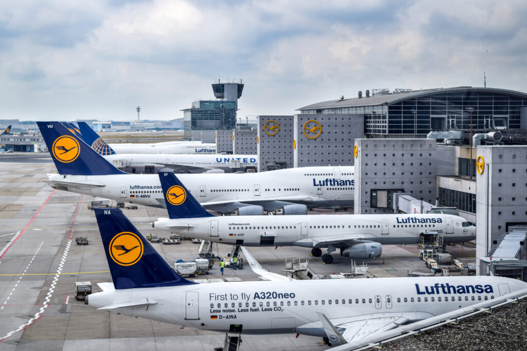Aerial view of Lufthansa aircraft parked at Frankfurt Airport (FRA), which serves as the largest hub for Lufthansa.