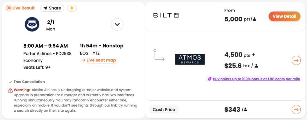 PointsYeah result for BOS to YTZ award through Atmos Rewards.