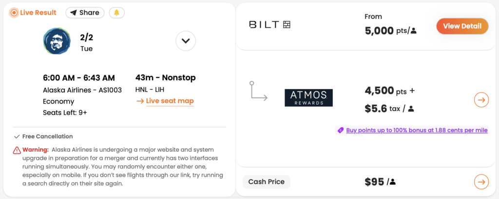 PointsYeah result for HNL to LIH award through Atmos Rewards.
