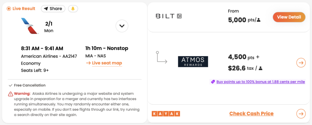 PointsYeah result for MIA to NAS award through Atmos Rewards.