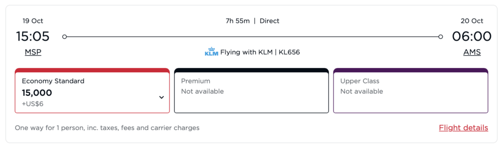 KLM award from MSP to AMS via Virgin Atlantic Flying Club.