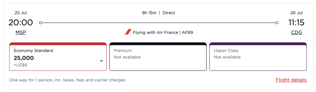 Air France award from MSP to CDG via Virgin Atlantic Flying Club.