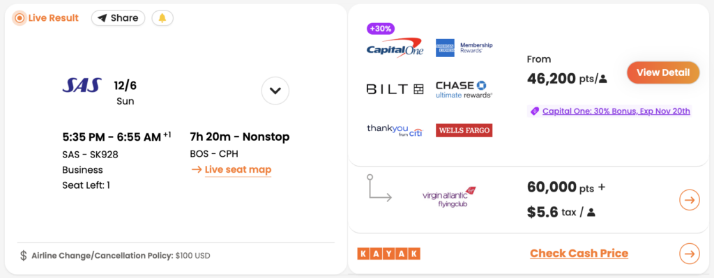 BOS to CPH bookable with Virgin Atlantic points (as seen in PointsYeah).