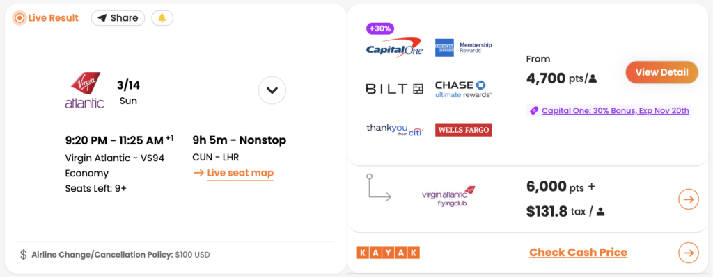 CUN to LHR bookable with Virgin Atlantic points (as seen in PointsYeah).