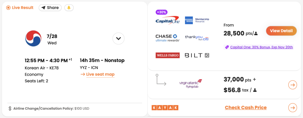 ICN to YYZ bookable with Virgin Atlantic points (as seen in PointsYeah).
