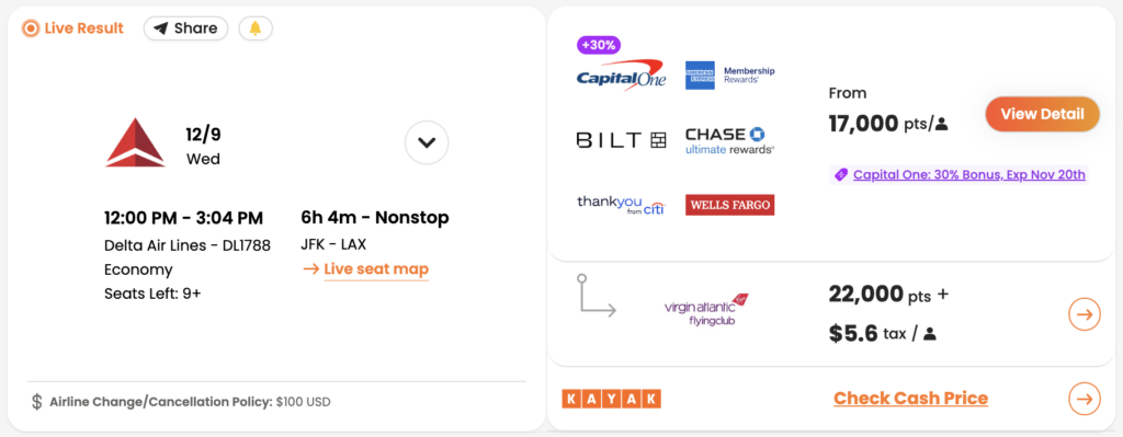 JFK to LAX bookable with Virgin Atlantic points (as seen in PointsYeah).