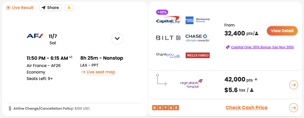 LAX to PPT bookable with Virgin Atlantic points (as seen in PointsYeah).
