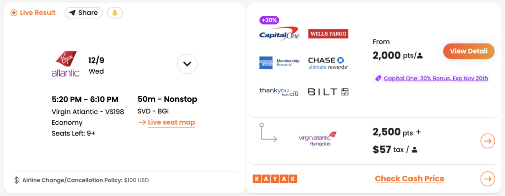 SVD to BGI bookable with Virgin Atlantic points (as seen in PointsYeah).