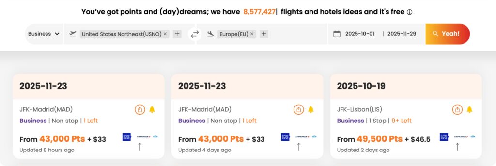 Daydream explorer results for repositioning flight from JFK to Madrid