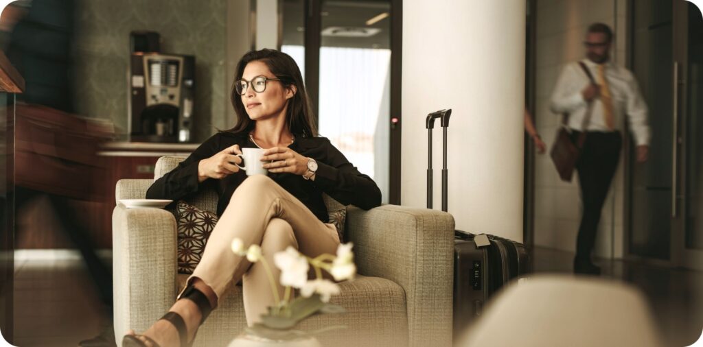 women enjoying her lounge acces
