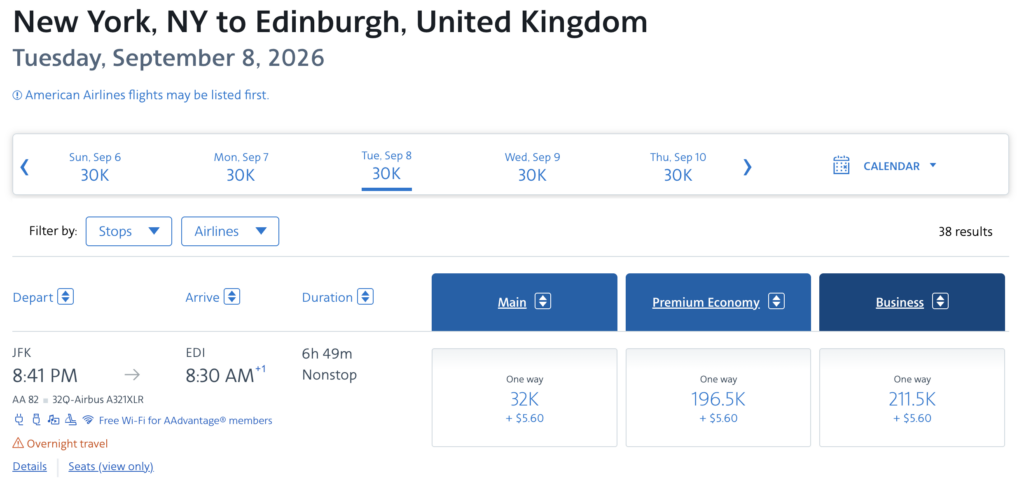 AA search results for JFK to EDI flight.