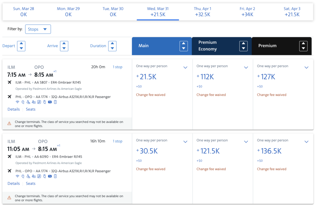 Changing an award flight online with AA.com.