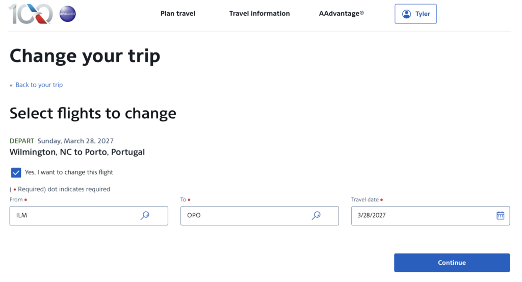 Changing an award flight online with AA.com.