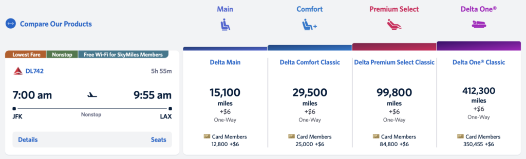 Screenshot of Delta discounted award pricing for cardmembers.