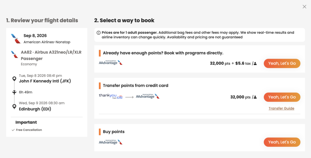 PointsYeah search results with aircraft type shown.