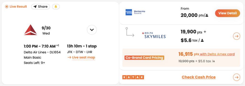 Screenshot showing PointsYeah results with Delta cardmember pricing.