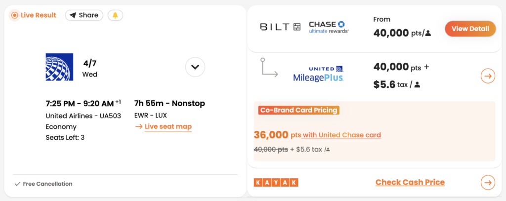 United Airlines award from EWR to LUX via PointsYeah.