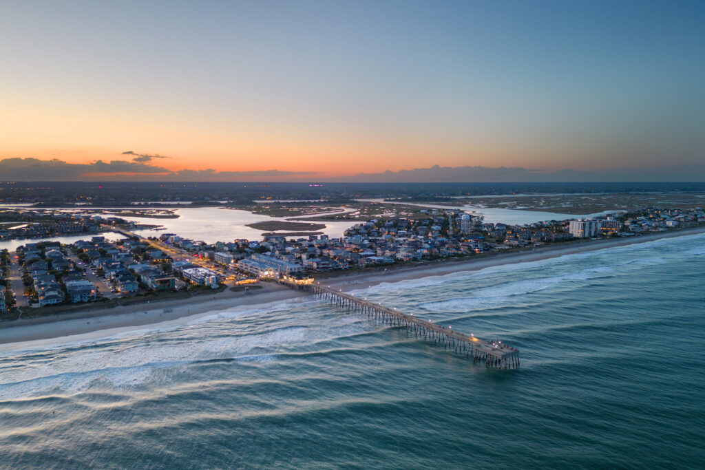 Wrightsville Beach, North Carolina over the coast at dusk.