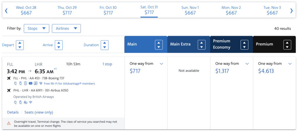 AA/British Airways codeshare itinerary example.