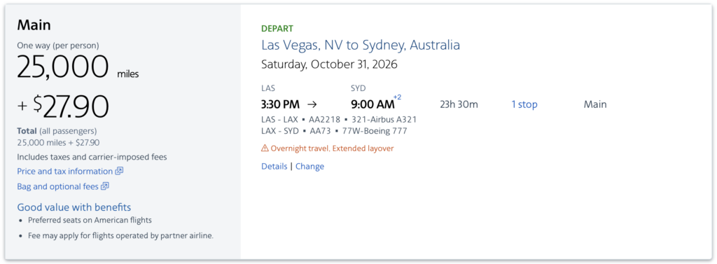 AA award from LAS to SYD via LAX.