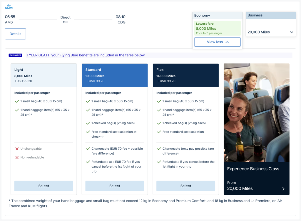 Award pricing on a KLM flight from AMS to CDG.