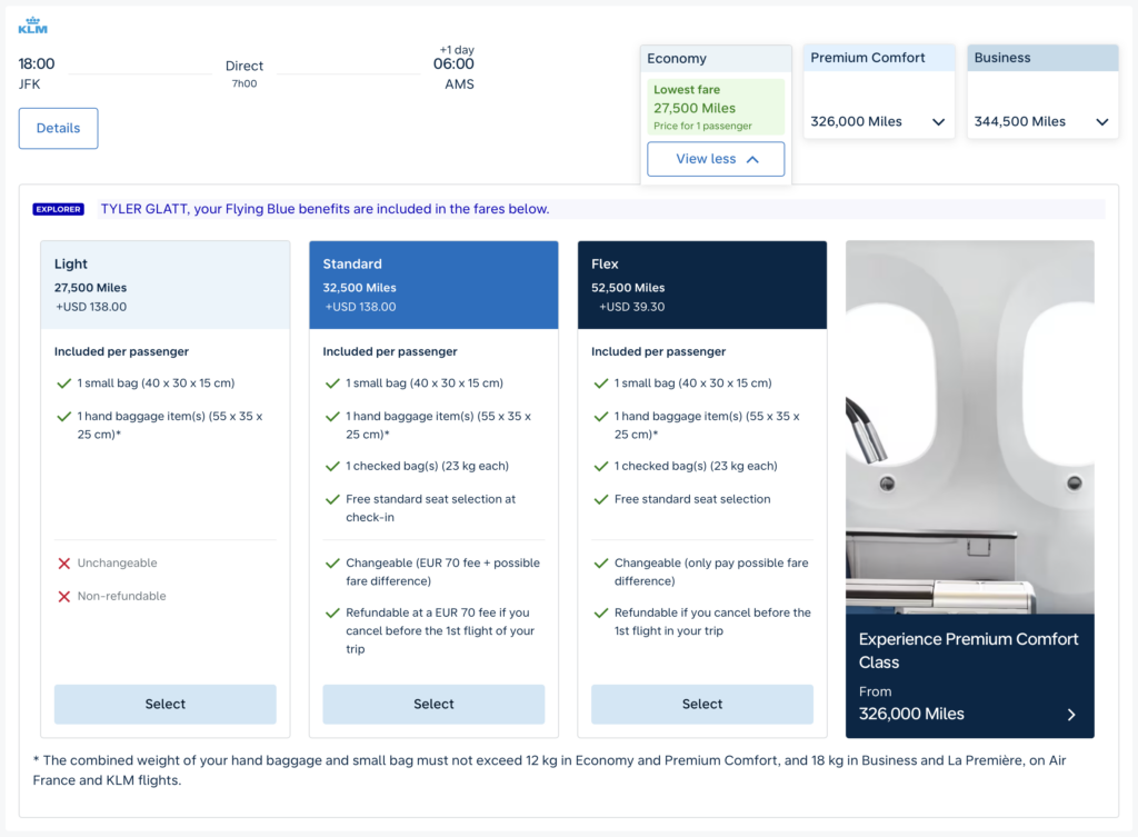 Award pricing on a KLM flight from JFK to AMS.