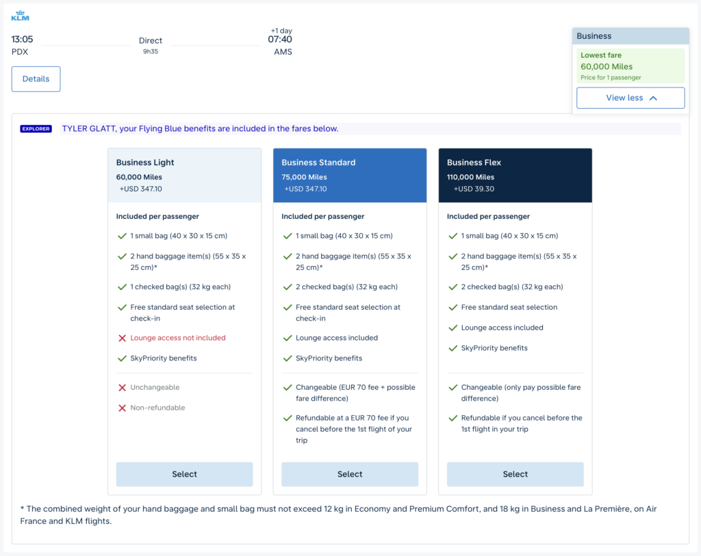 Award pricing on a KLM flight from PDX to AMS.