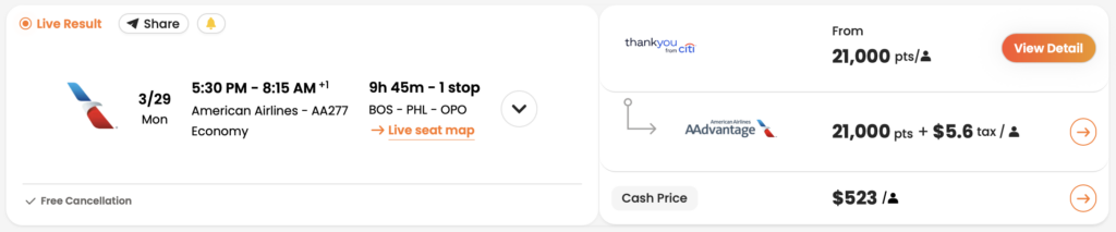 American Airlines award from BOS to OPO shown in PointsYeah.