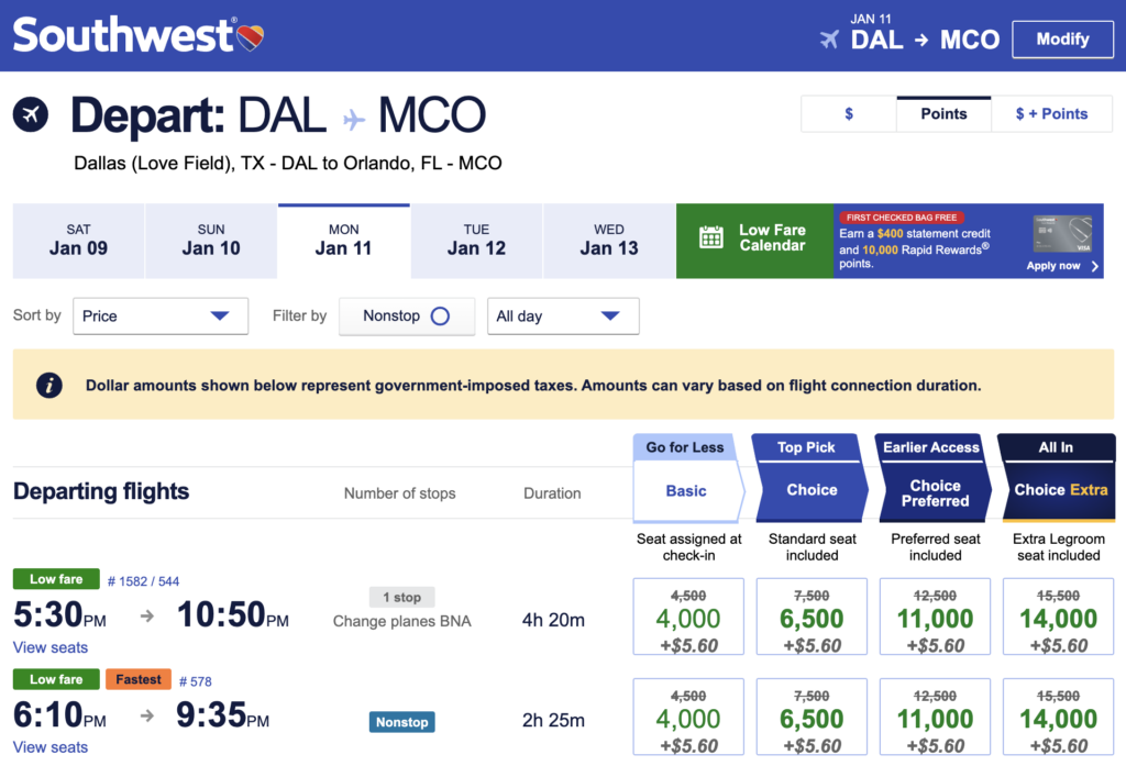 Discounted award flights from DAL to MCO via Southwest.