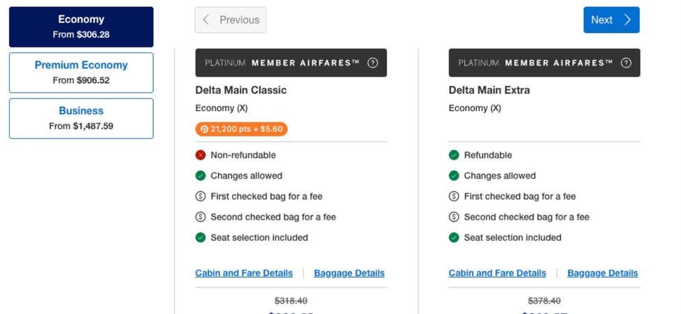 PointsYeah Chrome Extension displaying a Delta Air Lines award flight for 21,200 points plus $5.60 alongside cash fares on American Express Travel.