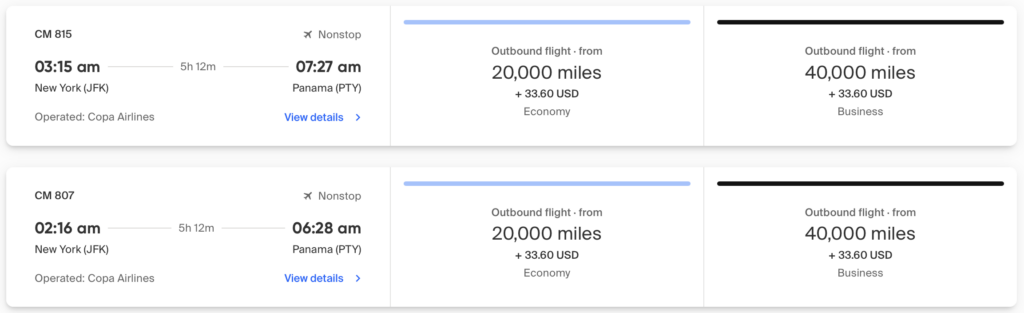 JFK to PTY bookable with Copa ConnectMiles.