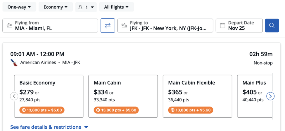 PointsYeah Chrome Extension displaying American Airlines award flights from Miami to New York on Chase Travel, starting at 13,800 points plus $5.60.