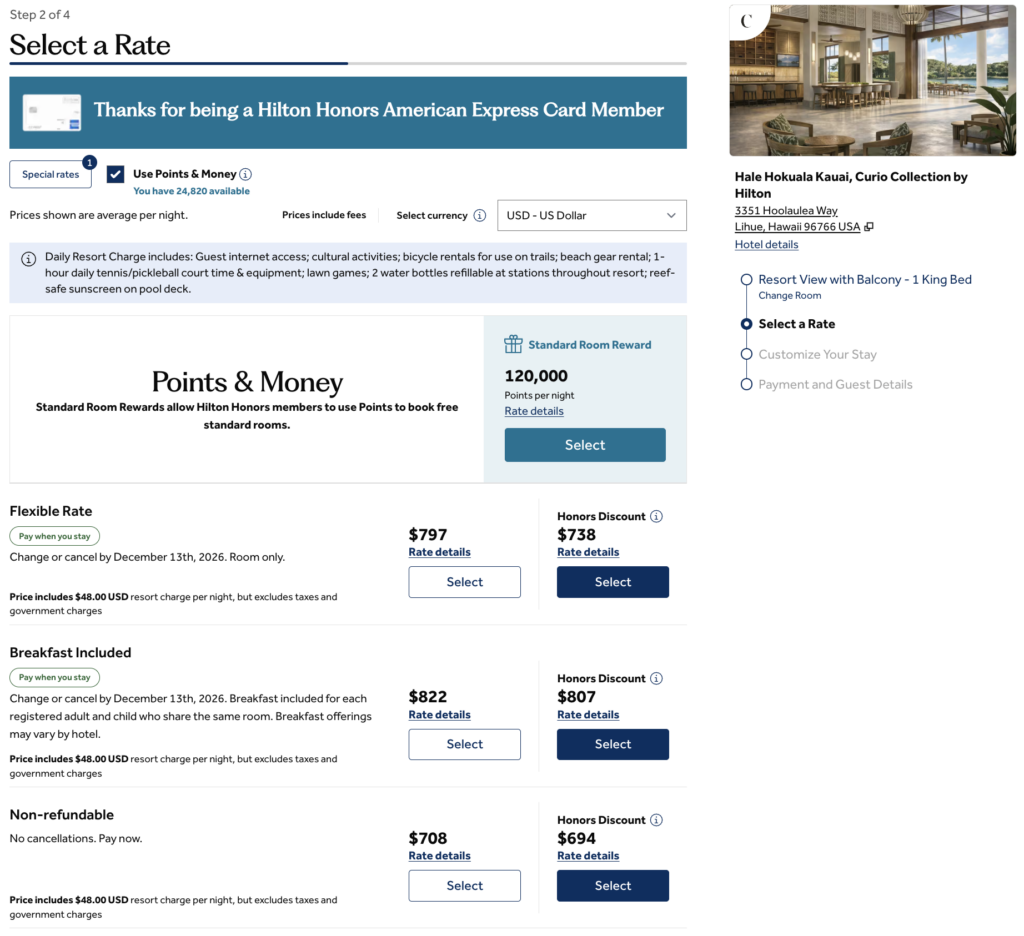 Hale Hokuala Kauai, Curio Collection by Hilton points and paid rates.