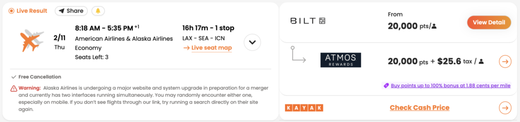 Discounted Atmos Rewards ticket from LAX to ICN via SEA reflected in PointsYeah.