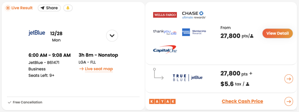 JetBlue BlueFirst showing in PointsYeah.